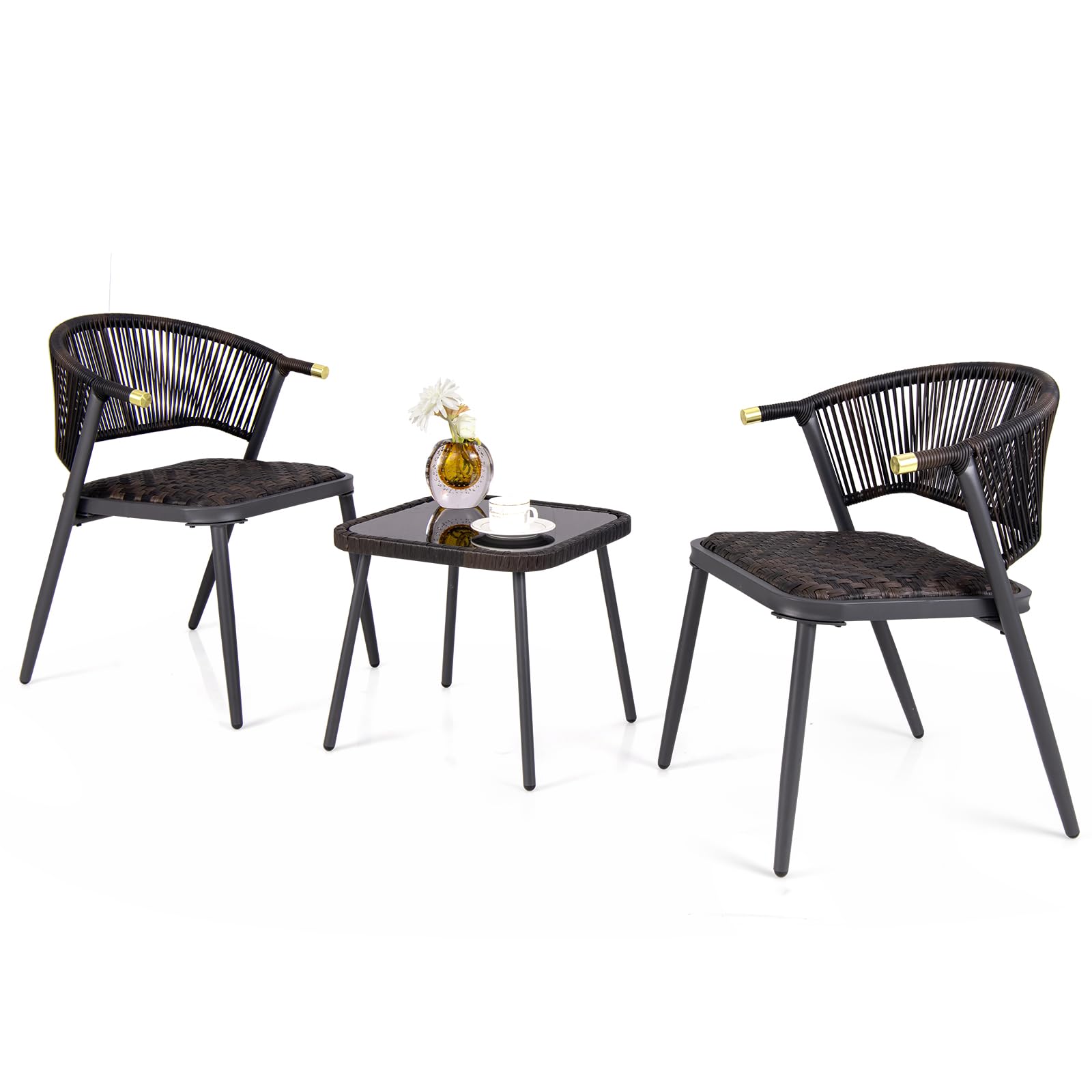 Tangkula Ensemble de 3 Meubles de Jardin en Rotin, Chaises Rembourrées en Mousse à Séchage Rapide Patiojoy avec Plateau en Verre Trempé